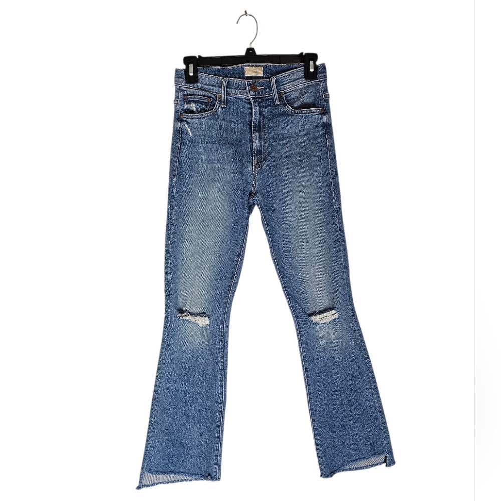 MOTHER The Insider Crop Step Fray Flare High Rise Blue Distressed Jeans 26